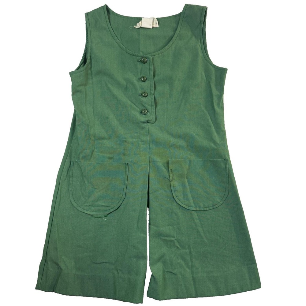 1960s Girl Scouts Uniform Culotte Romper Girls 10 Green Shift Button USA